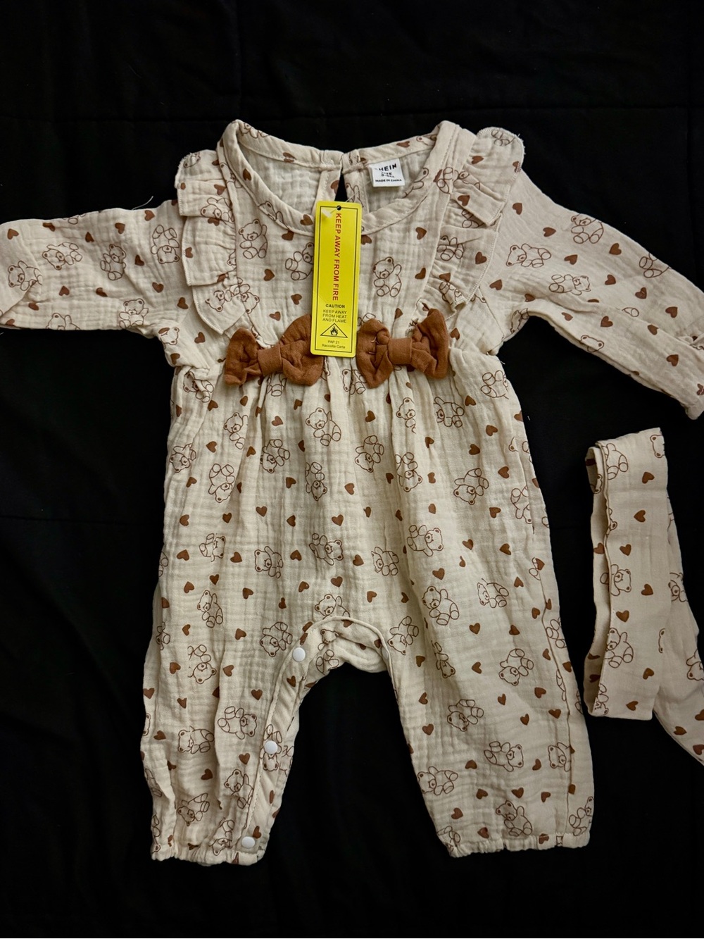 Cream One-Piece Footie with Brown Heart & Bear Print and Bow Detail